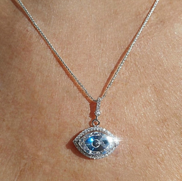 925 Sterling Silver Blue Evil Eye Crystal CZ Drop Pendant Necklace - Picture 2 of 5
